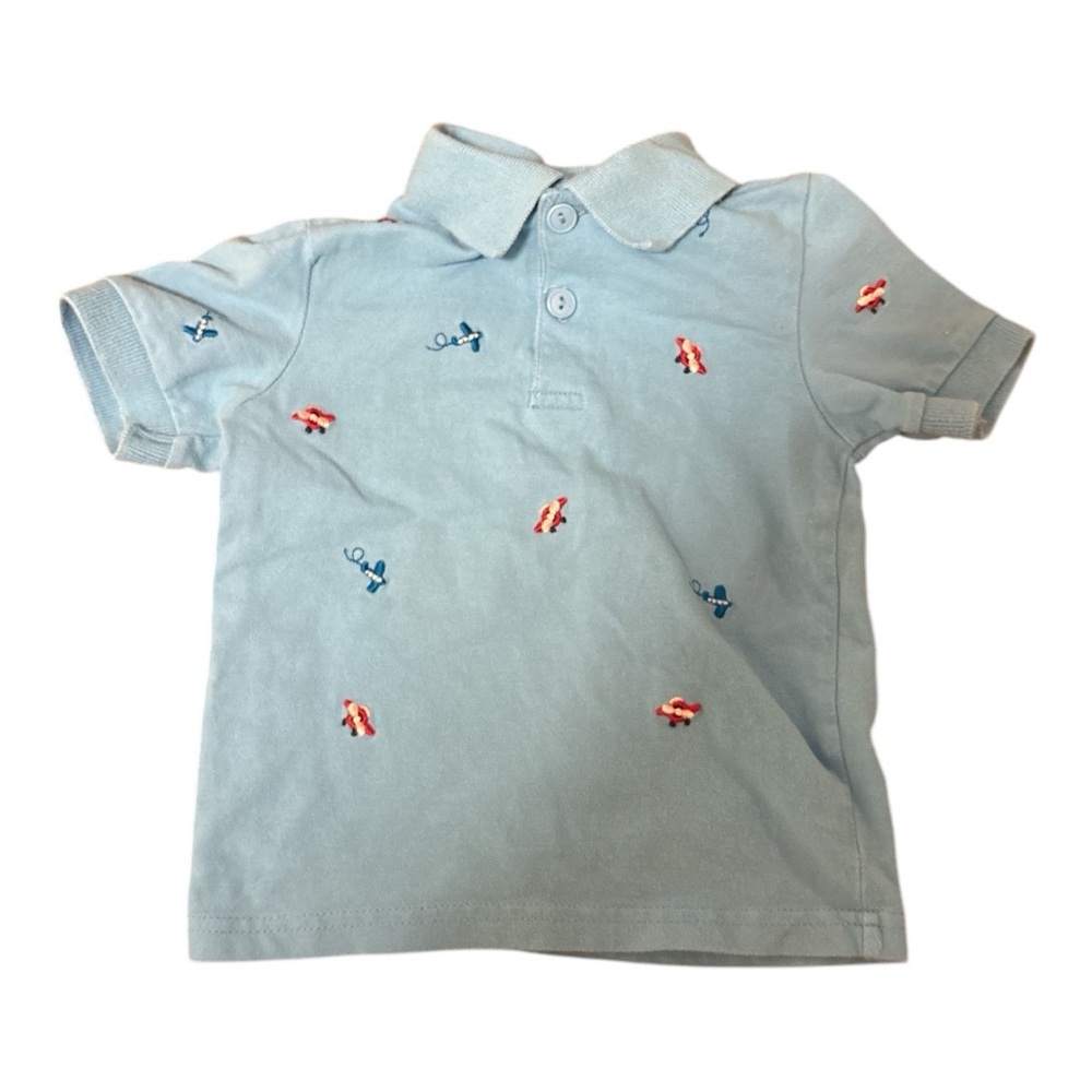 Kids Light Blue Polo Shirt with  Embroidered Airplanes Size 24 Months Boy